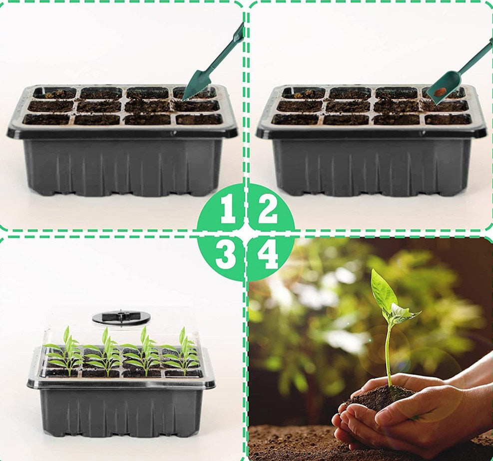 LED-vekstlys over frøstartbrett for jevn og rask spiring av planter. Perfekt for innendørs dyrking.