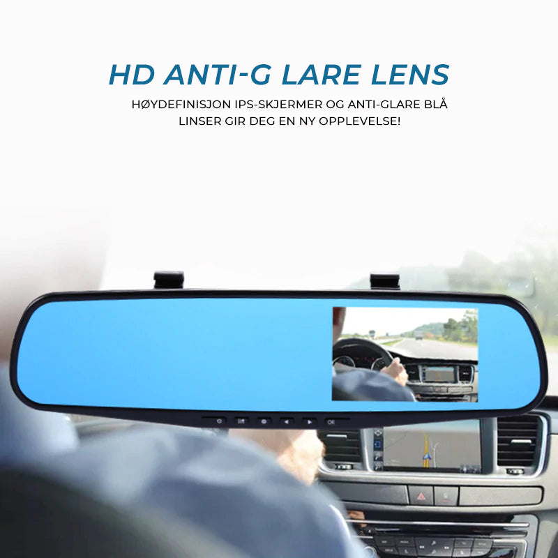 "Full HD dashbordkamera for bil, 1080P videoopptak foran/bak, svart, kompakt design, vidvinkelobjektiv og display."