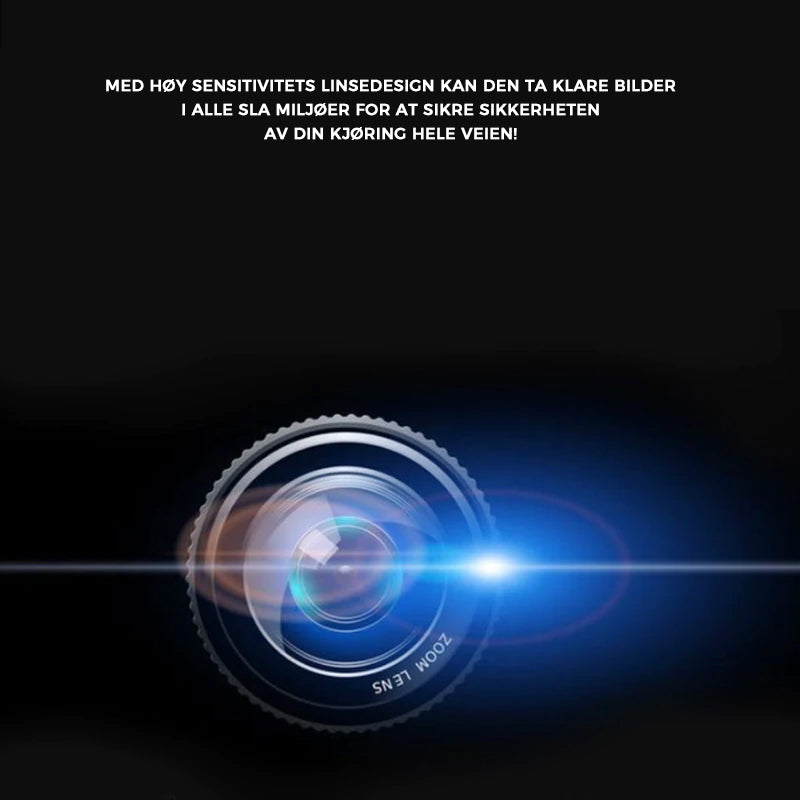 "Full HD dashbordkamera for bil, 1080P videoopptak foran/bak, svart, kompakt design, vidvinkelobjektiv og display."