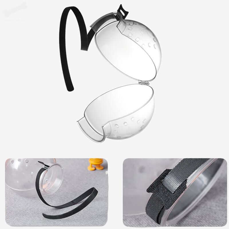 Katt med pleiehjelm, forhindrer bitt ved kloklipp eller medisinhåndtering. Gjennomsiktig design.