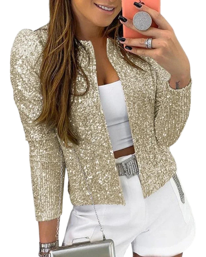 Glitrende paljettjakke for kvinner, perfekt for fest og kveldsantrekk. Elegant og festlig mote for vår/sommer.