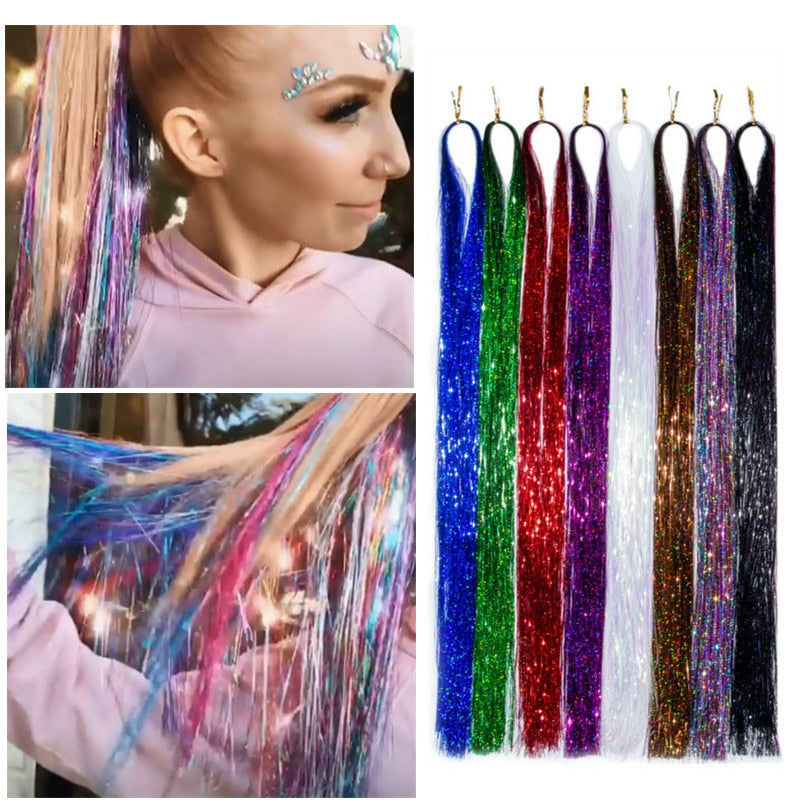 Fargerik tinsel hårforlengelse, syntetisk glitterhår for fest og uanstrengt stil.
