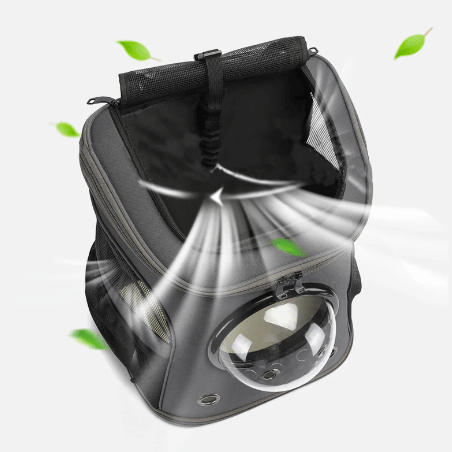 Bæreveske for hund og katt, sett forfra, med åpningsbar topp for enkel tilgang, i grå farge.