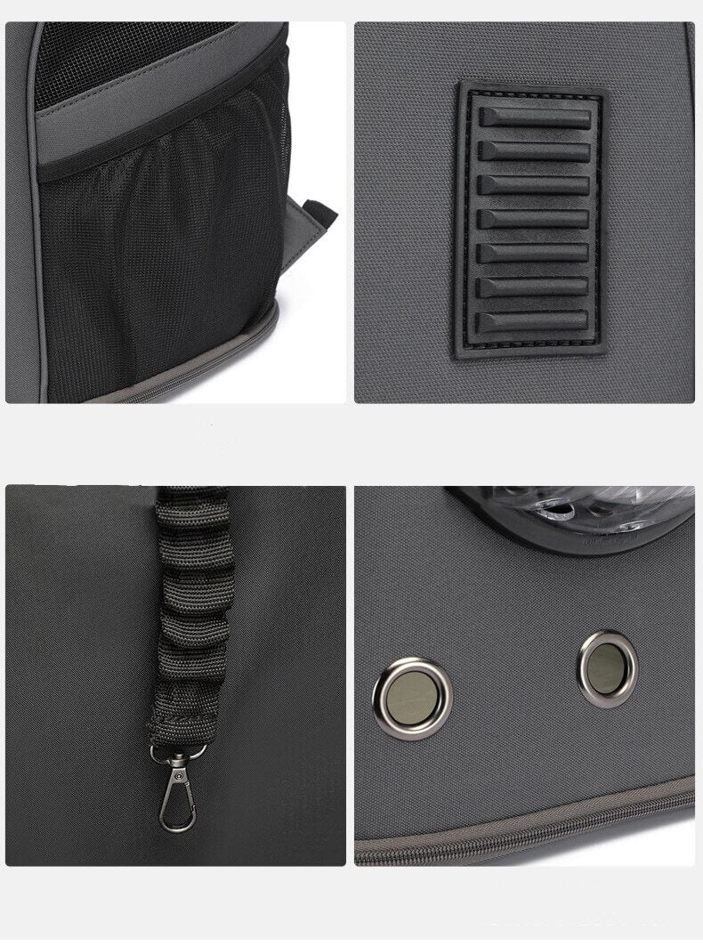 Innsidebilde av kjæledyrryggsekk, med vaskbart underlag og feste for sele, for hygiene og trygghet.