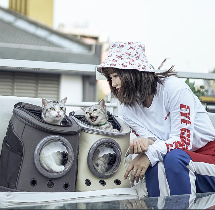 Detalj av khaki kjæledyrryggsekk, med sidelomme for oppbevaring og stabil base, for katter og valper.