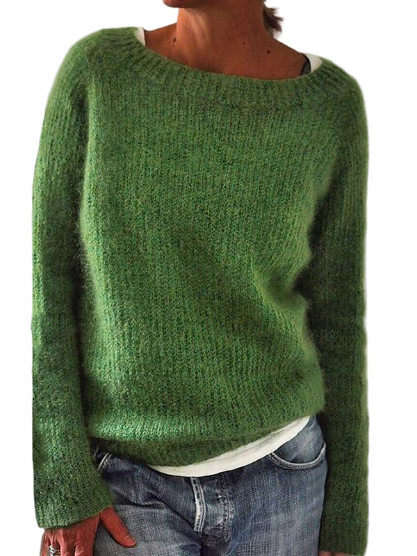 Grønn damegenser med rund hals, langermet, komfortabel pullover for hverdag og casual bruk.