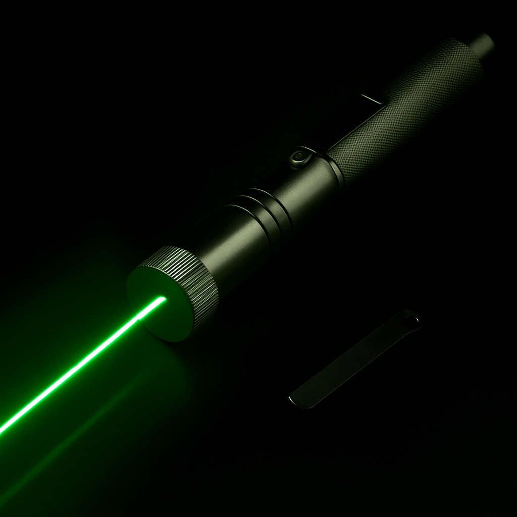 Rød laserpeker i solid metallhus, USB-ladbar, med justerbar fokus for presis markering.