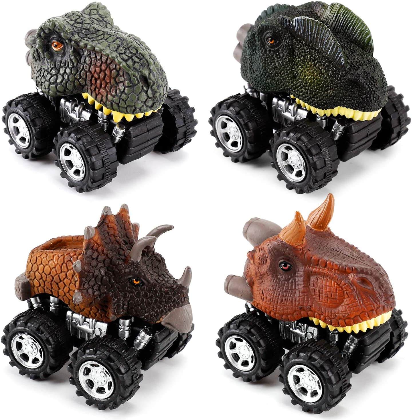 Trekk tilbake-dinosaurbiler i ulike farger: rød, gul, grønn, blå, for barn