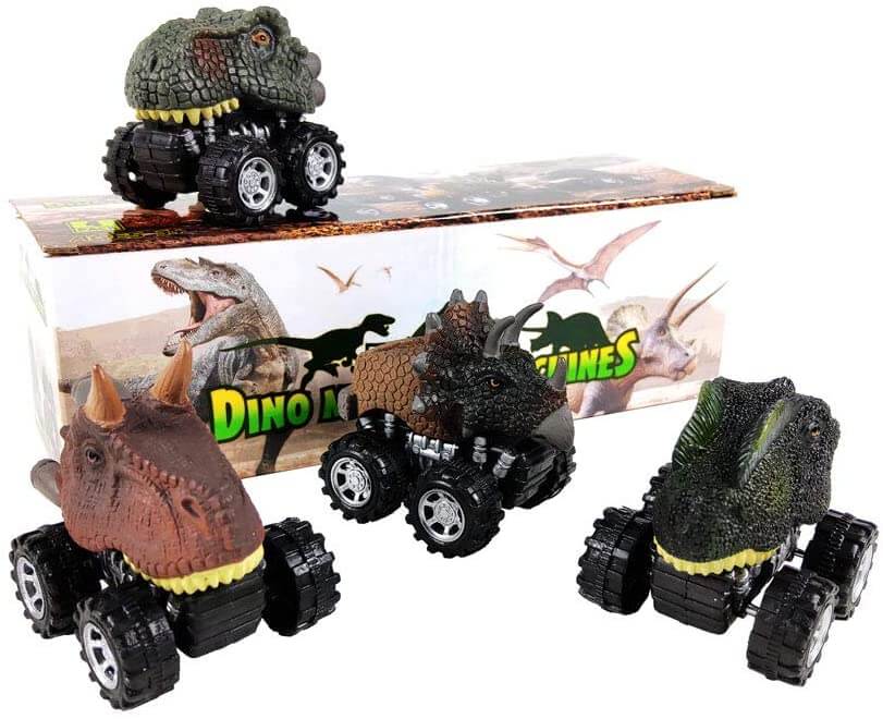 Gaveeske med pedagogiske dinosaur-minibiler, klar for å gis bort