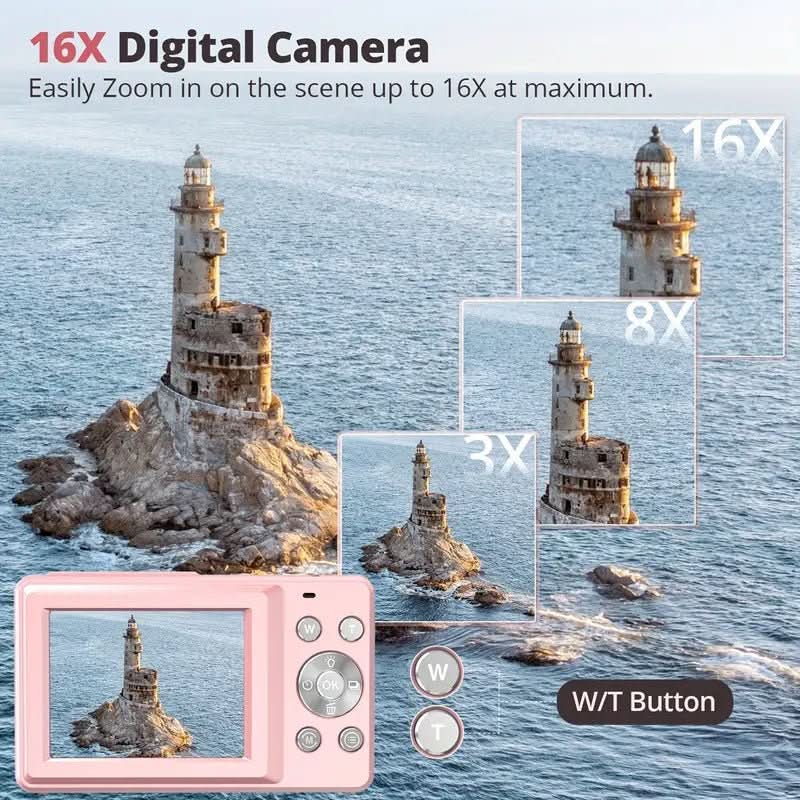 Kompakt retro kamera i rosa, filmer i 1080p, et herlig familiekamera for øyeblikk.