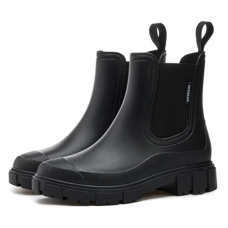 Grå vanntette ankelstøvler for kvinner, stilfulle sklisikre slip-on regnstøvler