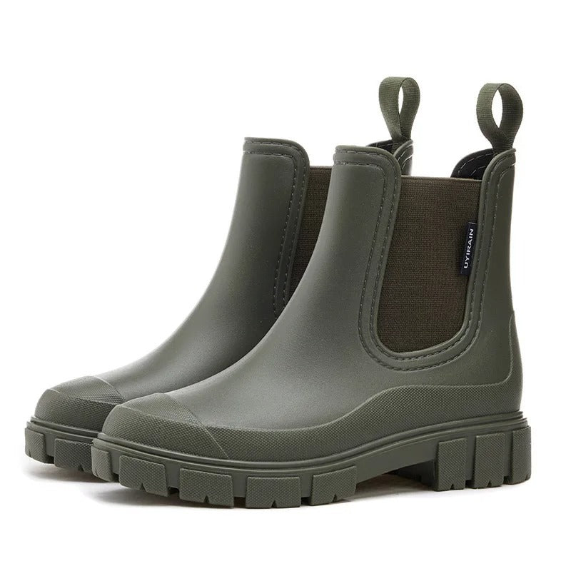 Grønne vanntette ankelstøvler, stilfulle og sklisikre dameregnstøvler slip-on
