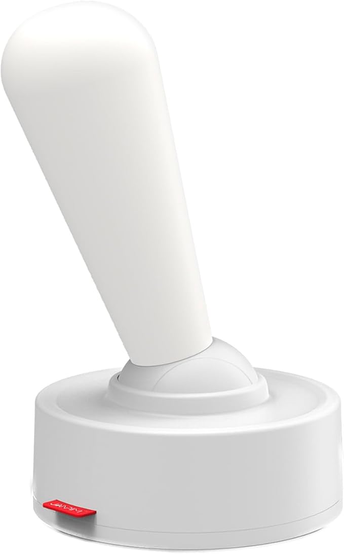 Grå og hvit bordlampe med retro spakbryter, LED-teknologi, oppladbar for fleksibel bruk, stilren minimalistisk design.