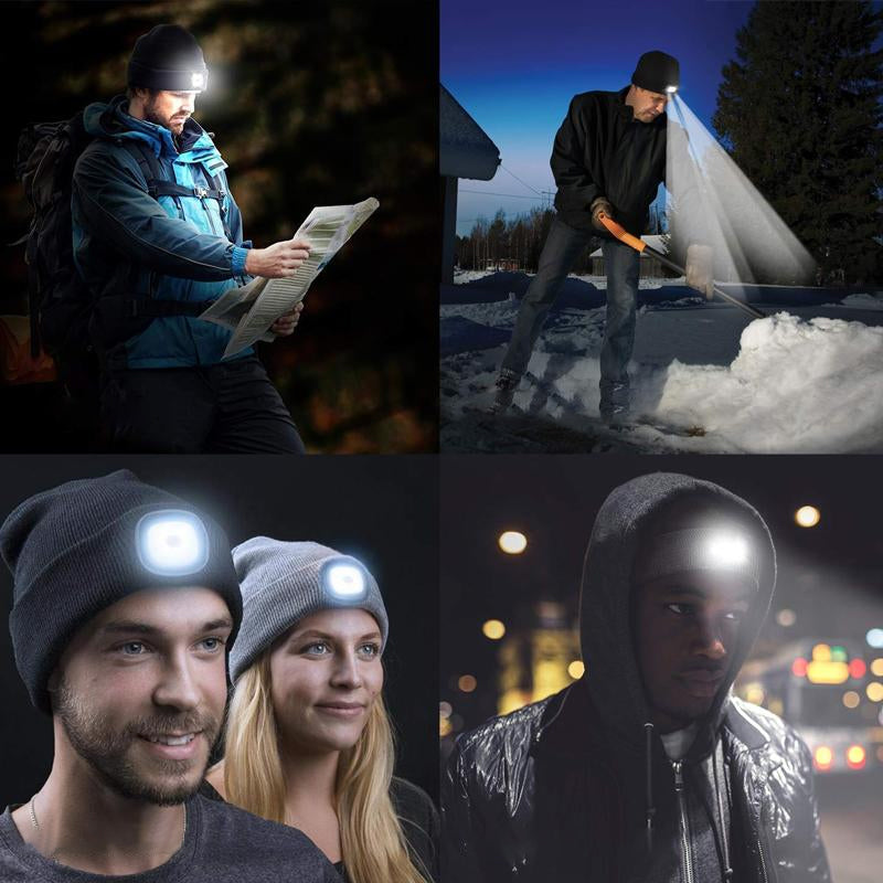 "Grå strikket LED vinterlue for utendørsaktiviteter, med integrert lys for mørke kvelder, håndfri belysning"