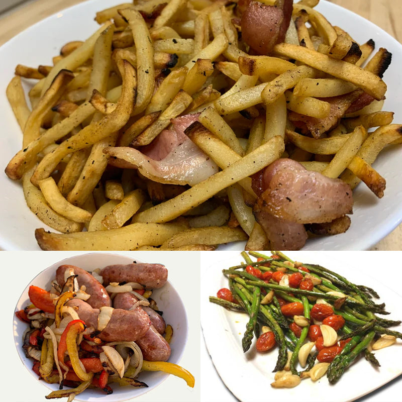 Grillkurv i rustfritt stål roterende 360° med grønnsaker og kjøtt, jevn varmefordeling, ideell for grilling.