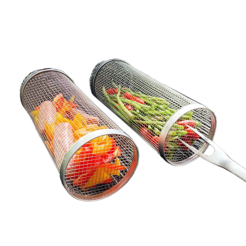 Grillkurv i rustfritt stål roterende 360° med grønnsaker og kjøtt, jevn varmefordeling, ideell for grilling.