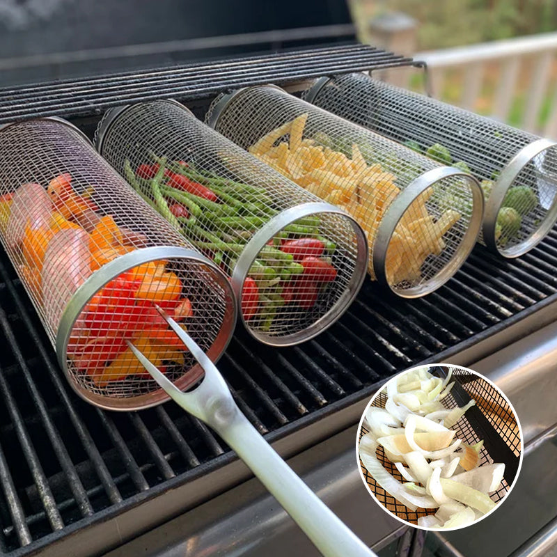 Grillkurv i rustfritt stål roterende 360° med grønnsaker og kjøtt, jevn varmefordeling, ideell for grilling.