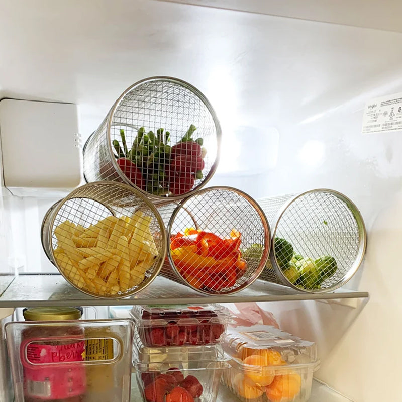Grillkurv i rustfritt stål roterende 360° med grønnsaker og kjøtt, jevn varmefordeling, ideell for grilling.