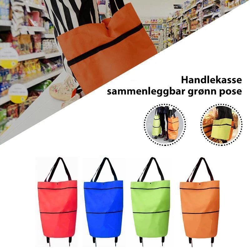 "Grønn sammenleggbar handlepose med stor kapasitet, trekkstang og hjul, ideell for miljøvennlig handling"