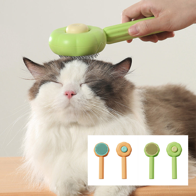 "Grønn selvrensende kjæledyrbørste med ergonomisk håndtak for effektiv pleie av hund og katt"