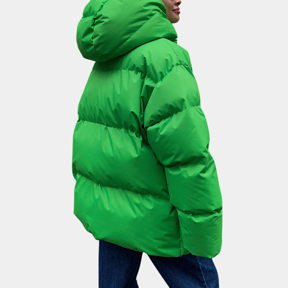 "Gul dame pufferjakke, myk polstring, moderne stil, str. XS-XL, ideell til kaldt vær, frontvisning, vinterjakke kvinner."