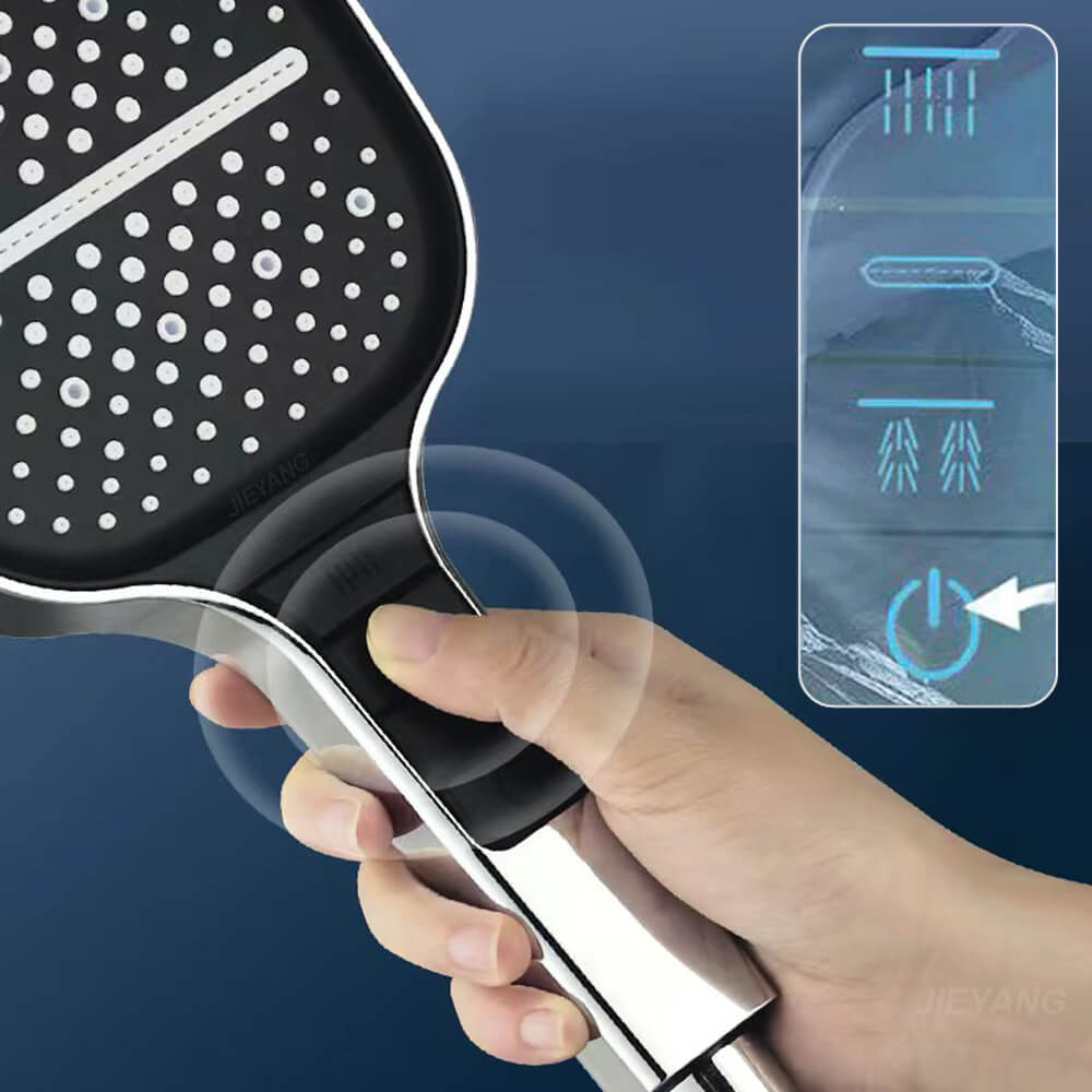 Håndholdt dusjhode med 7 spraymoduser, vannbesparende funksjoner og moderne design til badet.