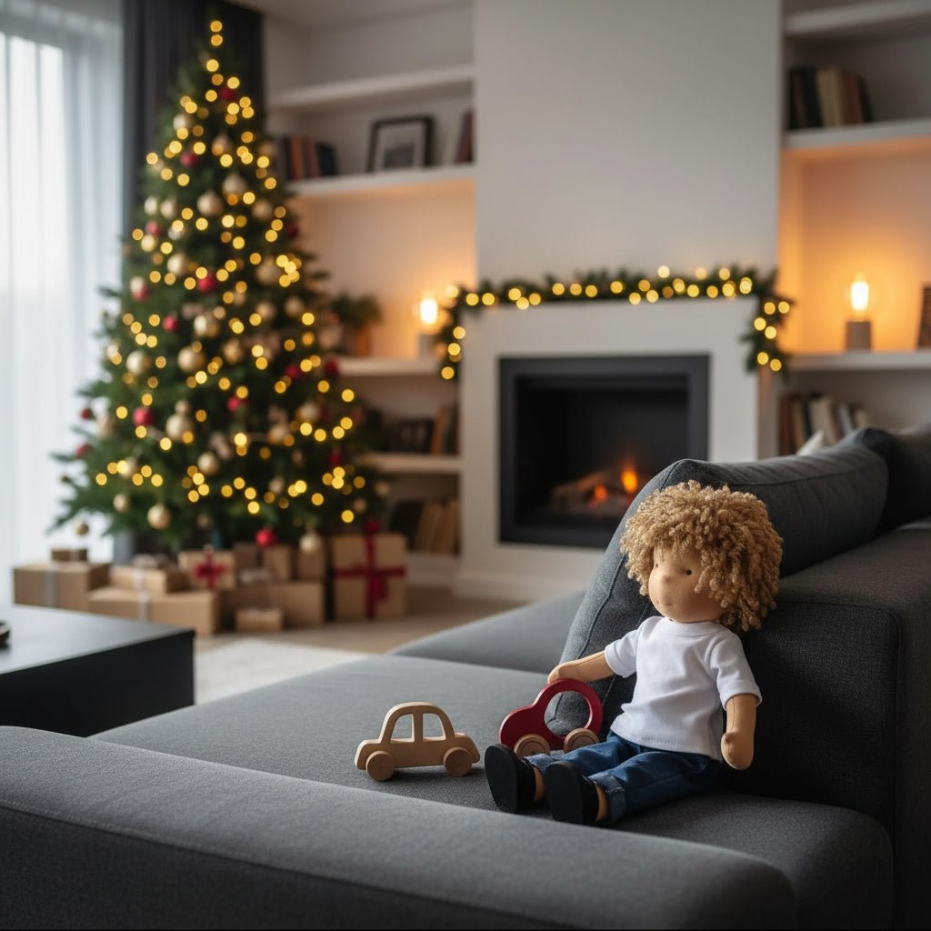Nydelig håndlaget Waldorf-dukke for barn, en myk og trygg leke av bomull.