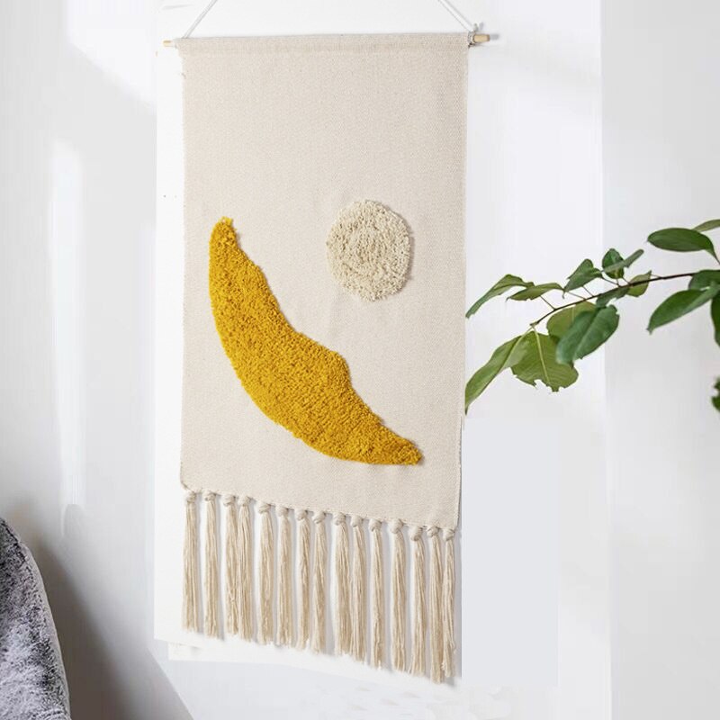 Stort håndvevd veggteppe i bomull og lin, boho billedvev veggkunst for din stue.