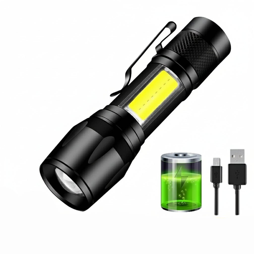 Høy lysstyrke LED lommelykt for utendørs bruk. Robust, oppladbar, vanntett, i aluminium.