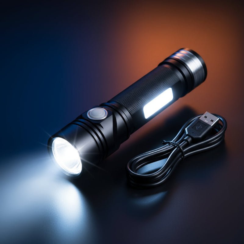 Vanntett LED lommelykt med høy lysstyrke, perfekt for camping, fotturer og nødssituasjoner. Oppladbar.