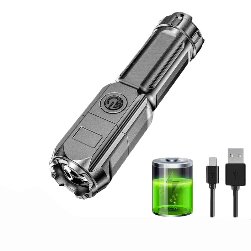 Robust aluminium lommelykt med oppladbar LED for utendørs bruk. Høy lysstyrke, vanntett, pålitelig.