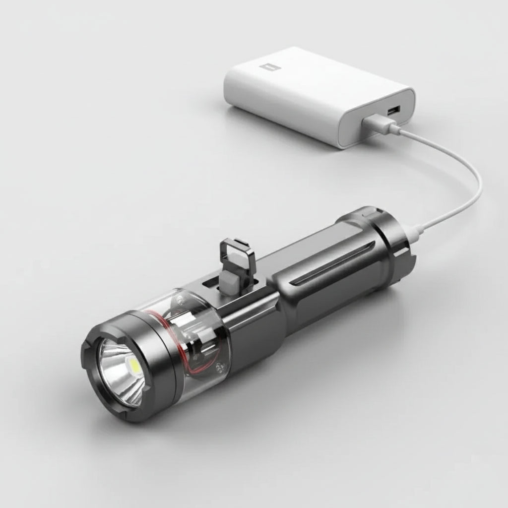 Kompakt, oppladbar LED lommelykt med høy lysstyrke og vanntett design. Ideell for utendørs og camping.