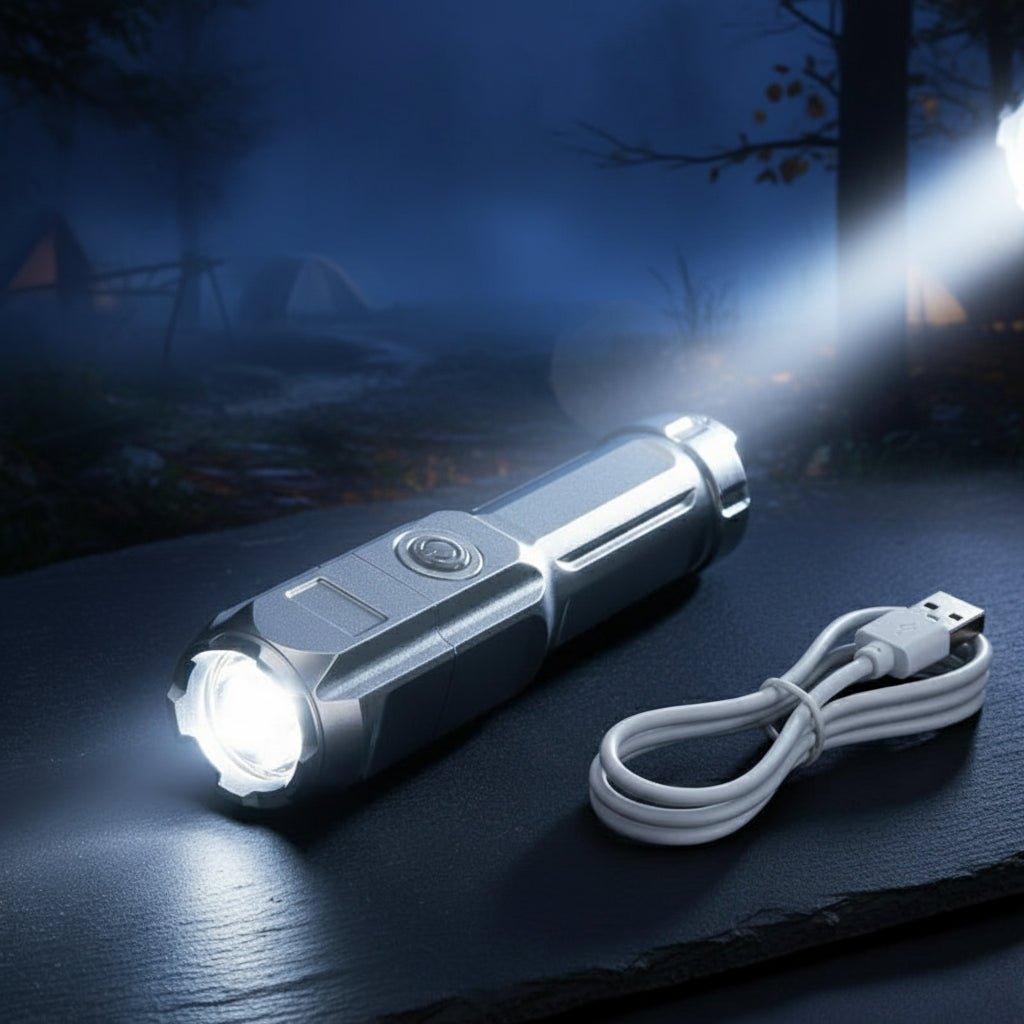 Slitesterk aluminium lommelykt med vanntett design og høy lysstyrke. Oppladbar LED for utendørs bruk.