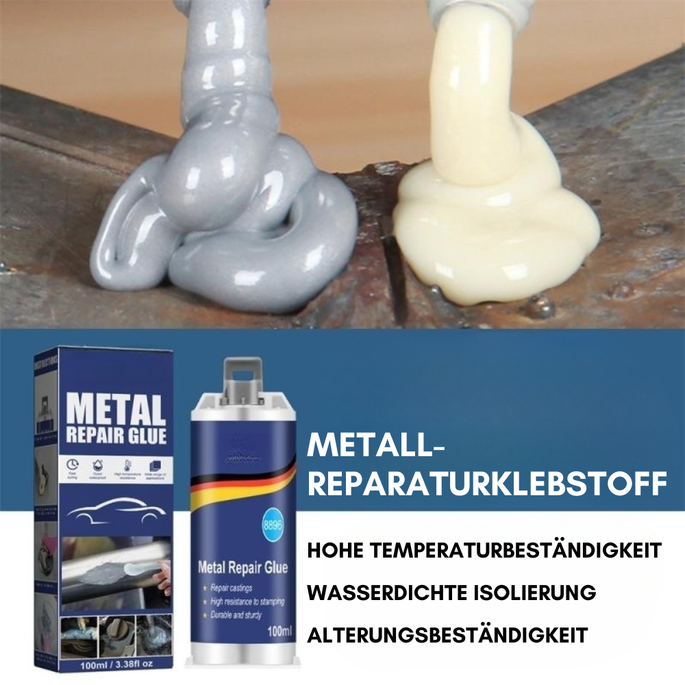 Nærbilde av sterkkontakt metallimtube, med fokus på 'hurtigtørkende' for raske bilreparasjoner.