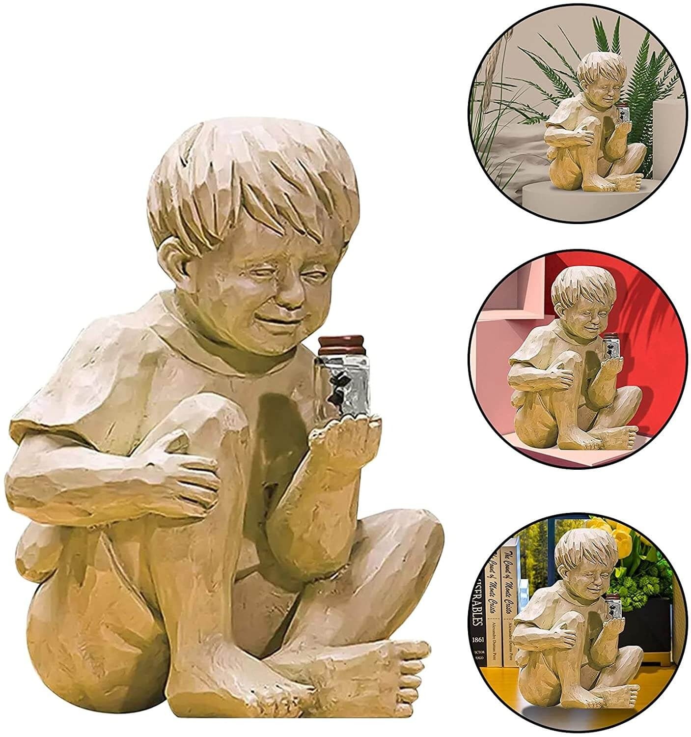 Hagestatue: Jente med ildfluer på 22.5 cm, glødende solcellelys for hage.