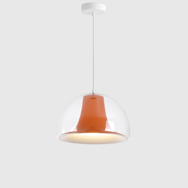 Halvsirkelformet glaspendel i Bauhaus-stil med myk glød, tilgjengelig i grønn, hvit og oransje for stilfull atmosfære.