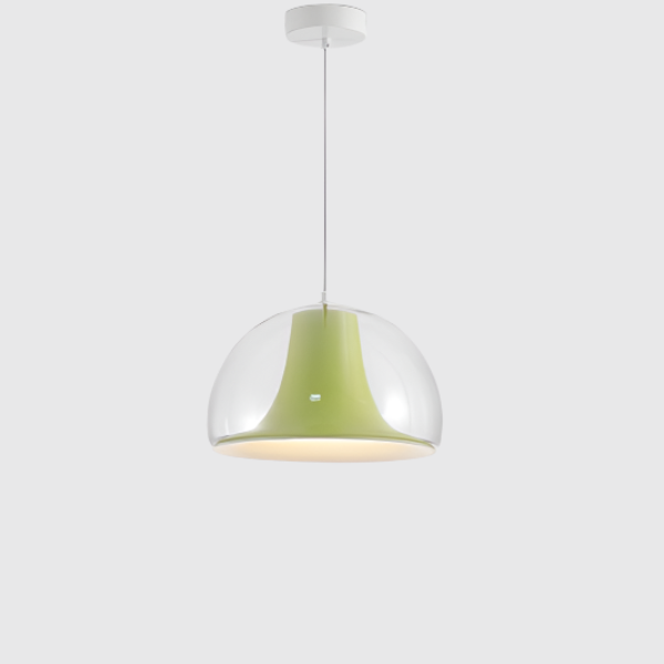 Halvsirkelformet glaspendel i Bauhaus-stil med myk glød, tilgjengelig i grønn, hvit og oransje for stilfull atmosfære.