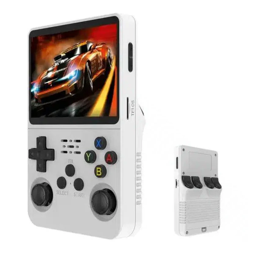 "Håndholdt R36S retro spillkonsoll med 3,5-tommers skjerm og lilla, svart, eller hvit farge, 128GB og 20 000+ spill."