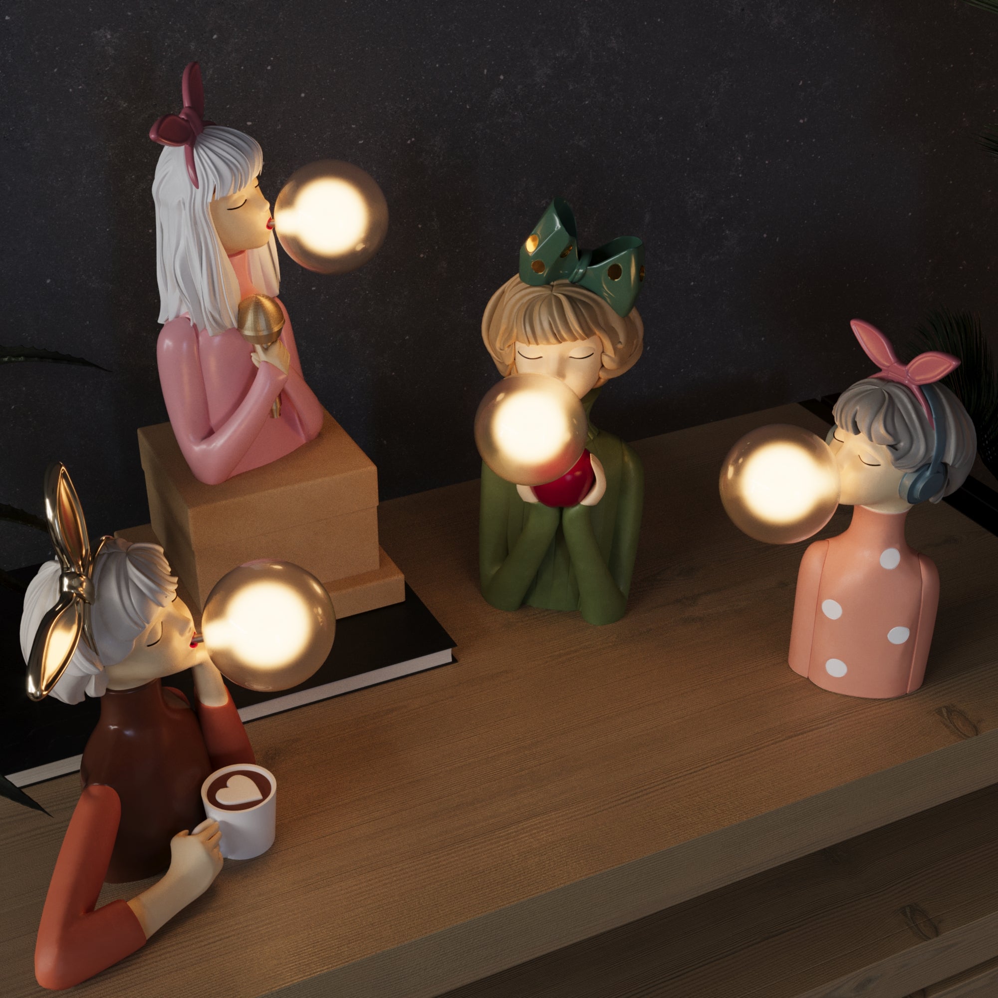 "Håndlaget bordlampe i kunstharpiks og glass med varm tre-sokkel og elegant tekstil-lampeskjerm."