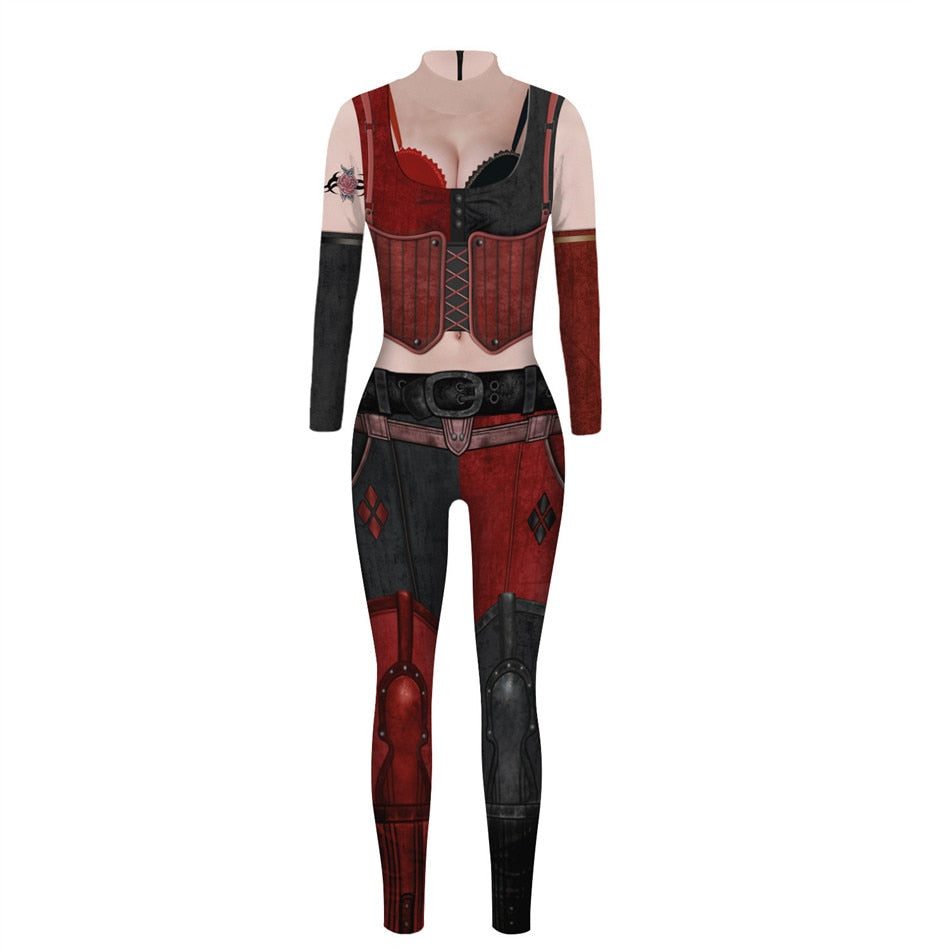 Harley Quinn kostyme for kvinner, komplett med jakke, shorts og tilbehør, perfekt for Halloween eller cosplay.