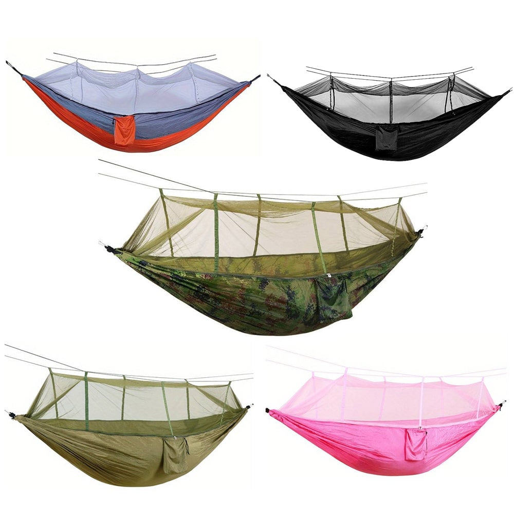 Hengekøye med integrert myggnett, slitesterkt fallskjermstoff i grønn, designet for camping og utendørs avslapning.