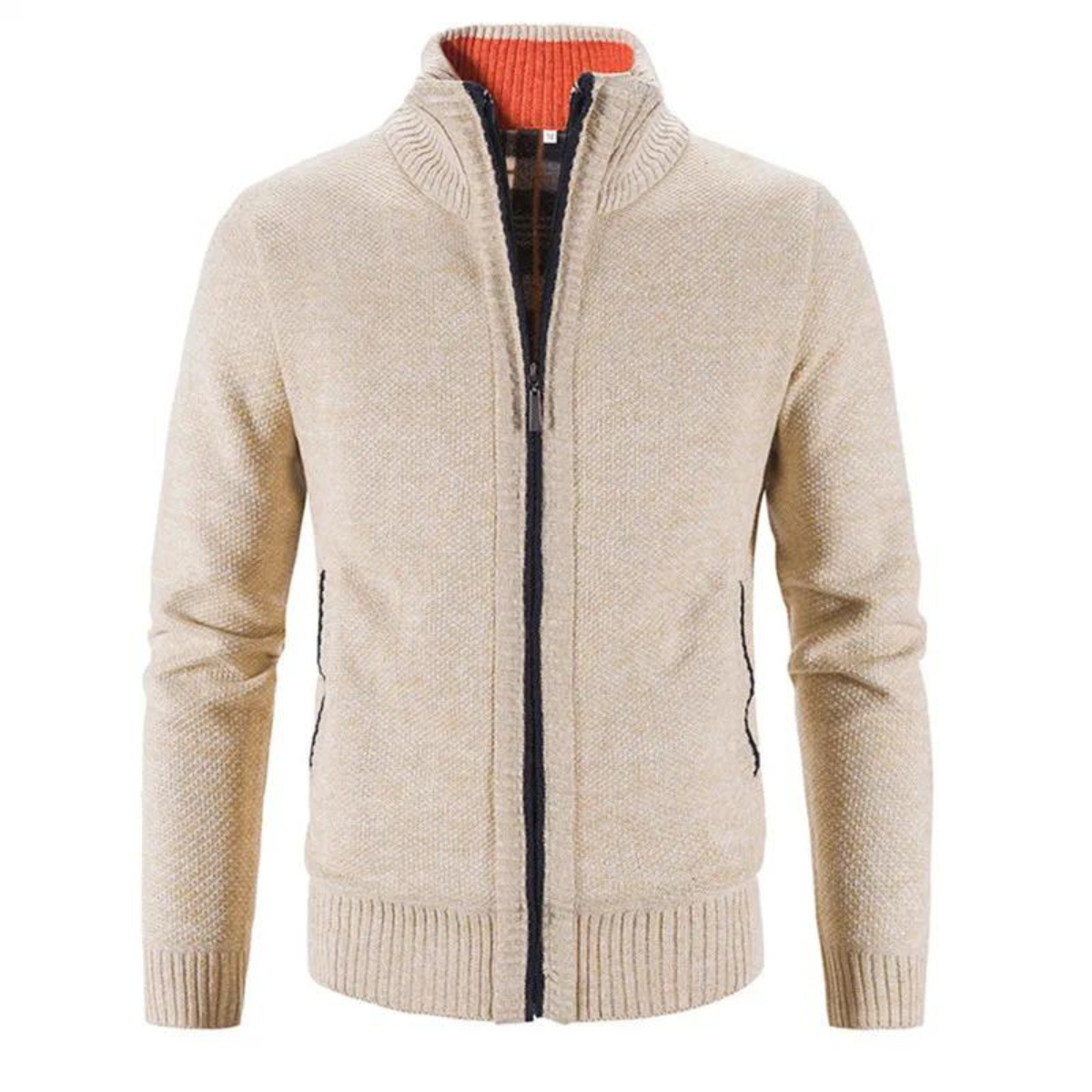 Stilfull herre glidelås cardigan med høy mock-hals, ideell for hverdagsbruk og semi-formelle anledninger.