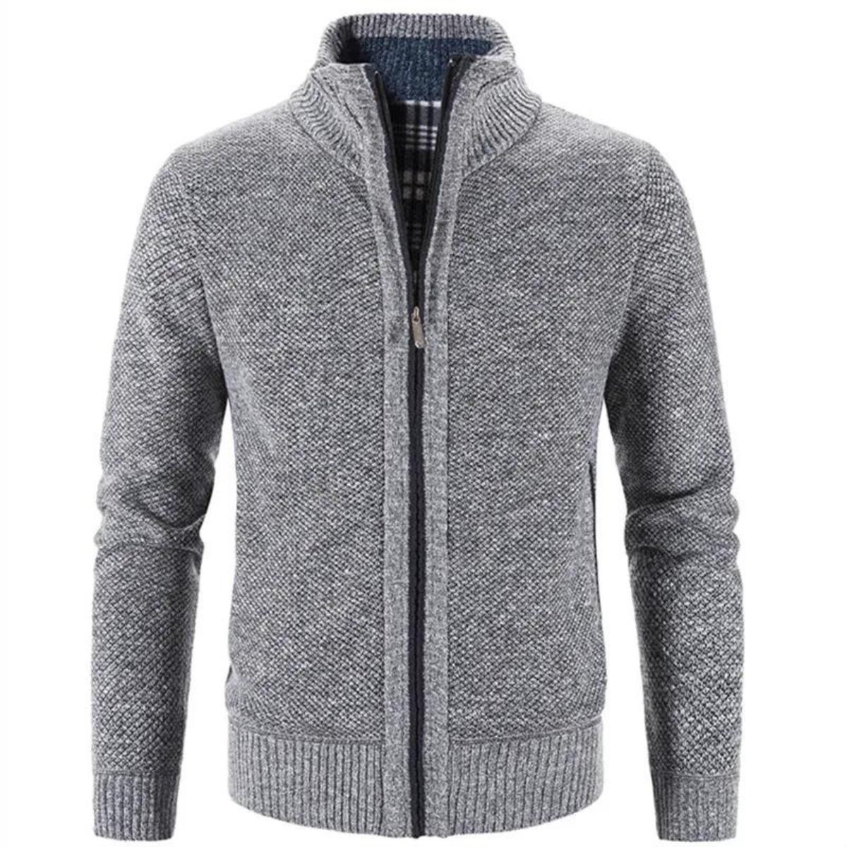 Komfortabel herre cardigan med glidelås og mock-hals, allsidig fritidsklær for moderne menn.