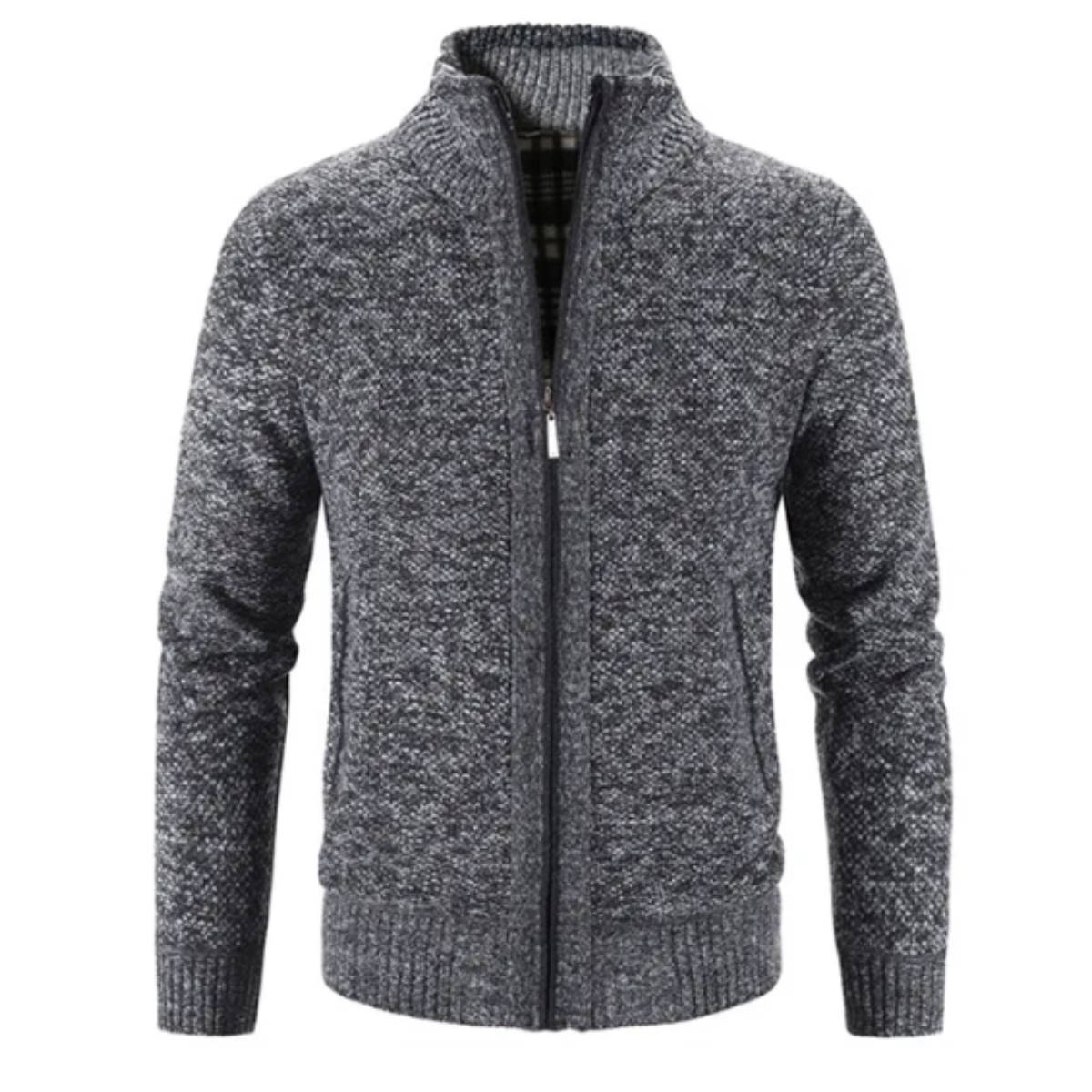 Detaljbilde av herre cardigan med glidelås og ribbestrikket mock-hals, viser kvalitet og menn mote.