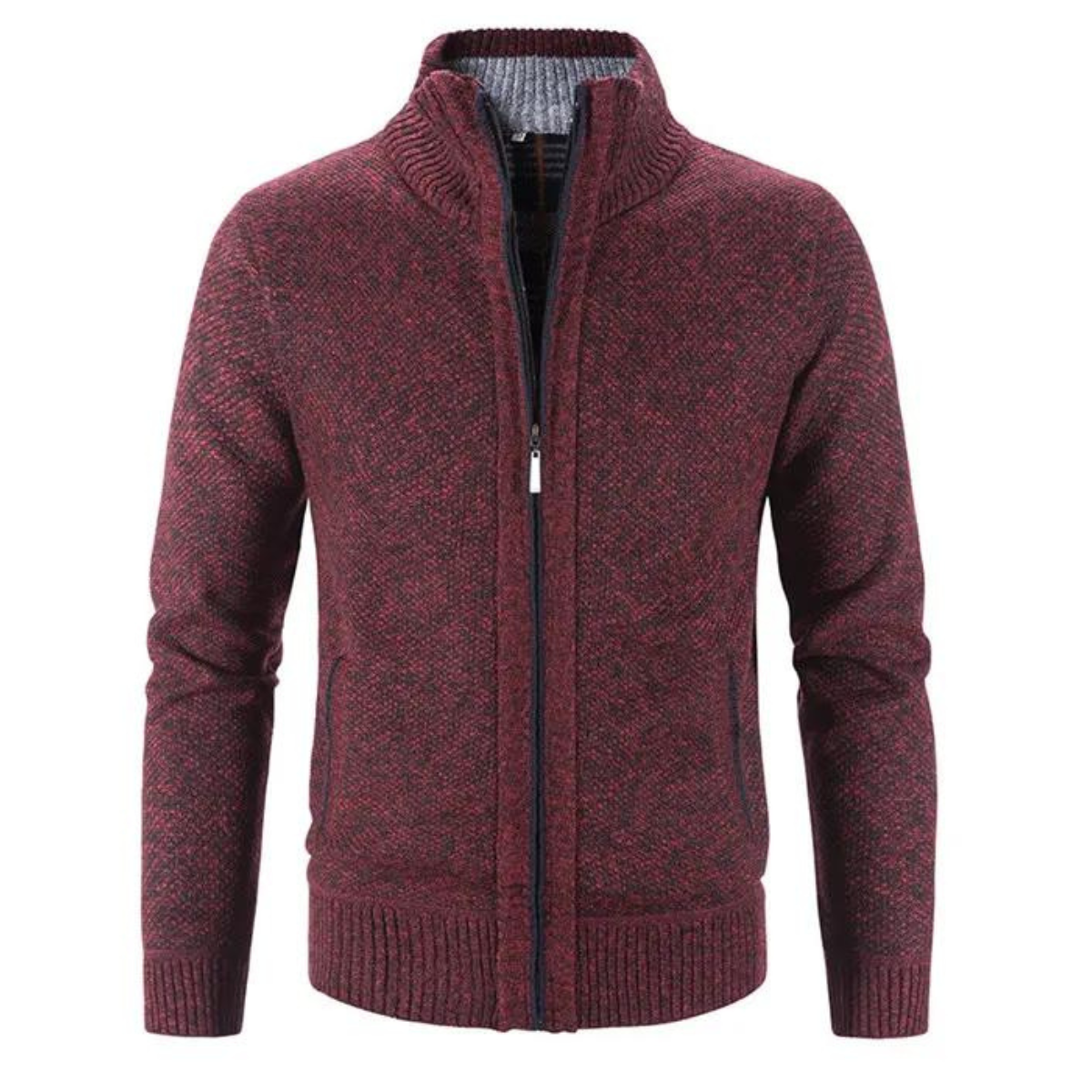 Mann iført elegant herre cardigan med glidelås og mock-hals, viser både komfort og stil.
