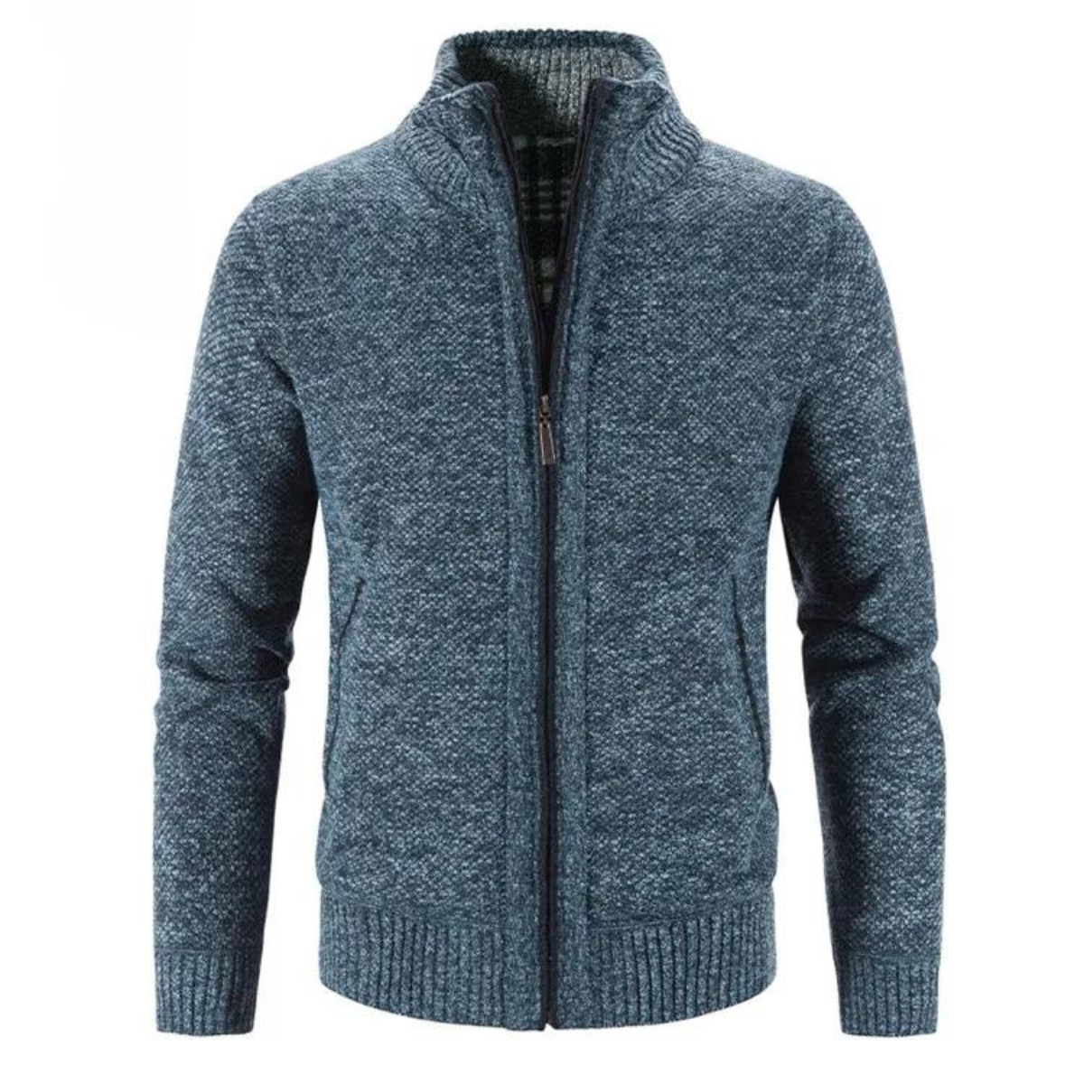Tidløs herre cardigan med glidelås og mock-hals, et must-have for den stilbevisste mannen.