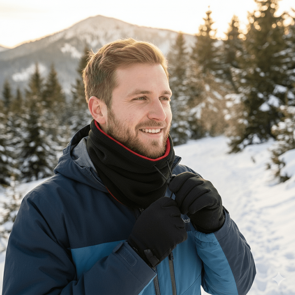 Allsidig herre halsvarmer i fleece, perfekt for kaldt vær, ski og fotturer. Gir utmerket varme.