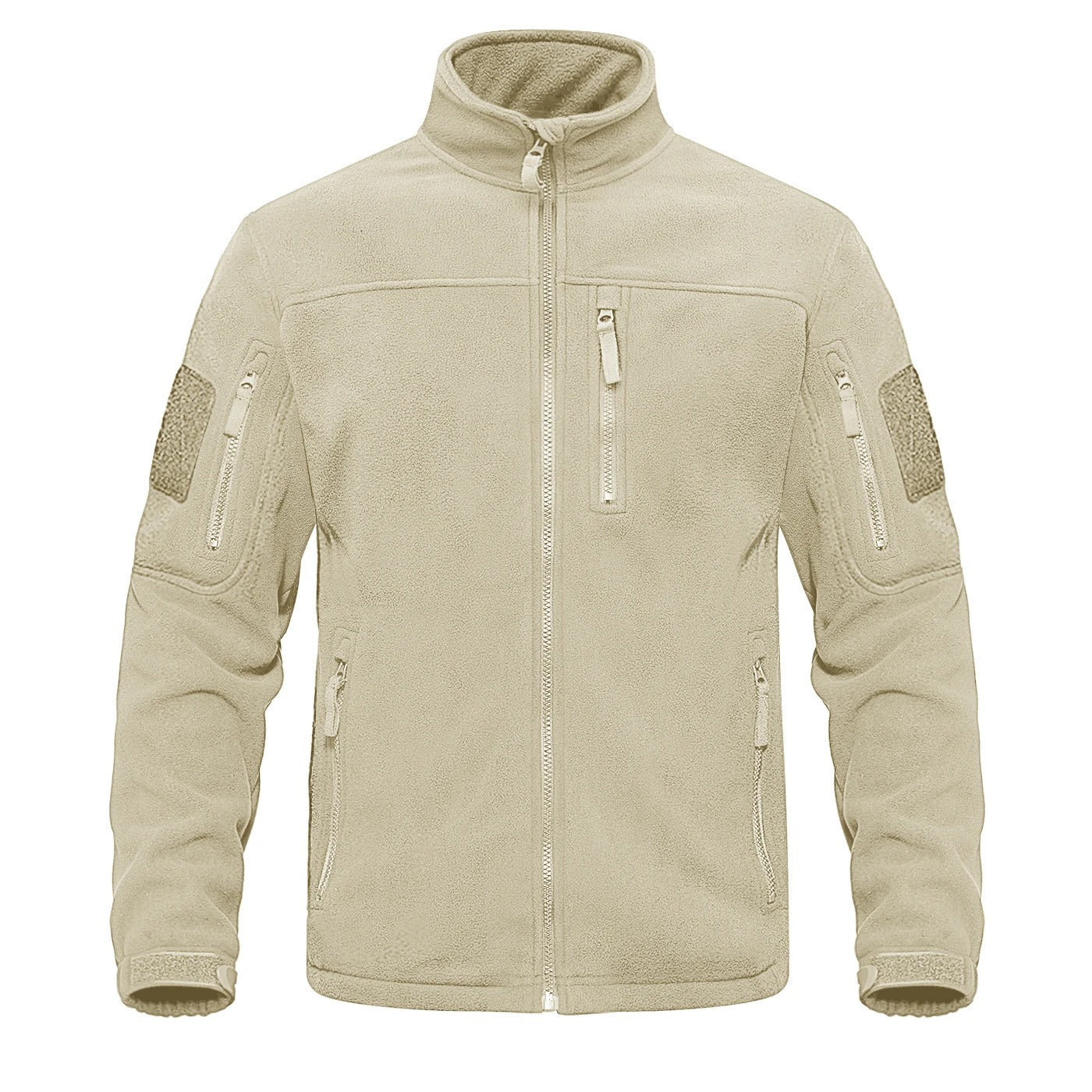 Tekstur av myk og varm fleece på en herrejakke med hel glidelås, perfekt for vinter
