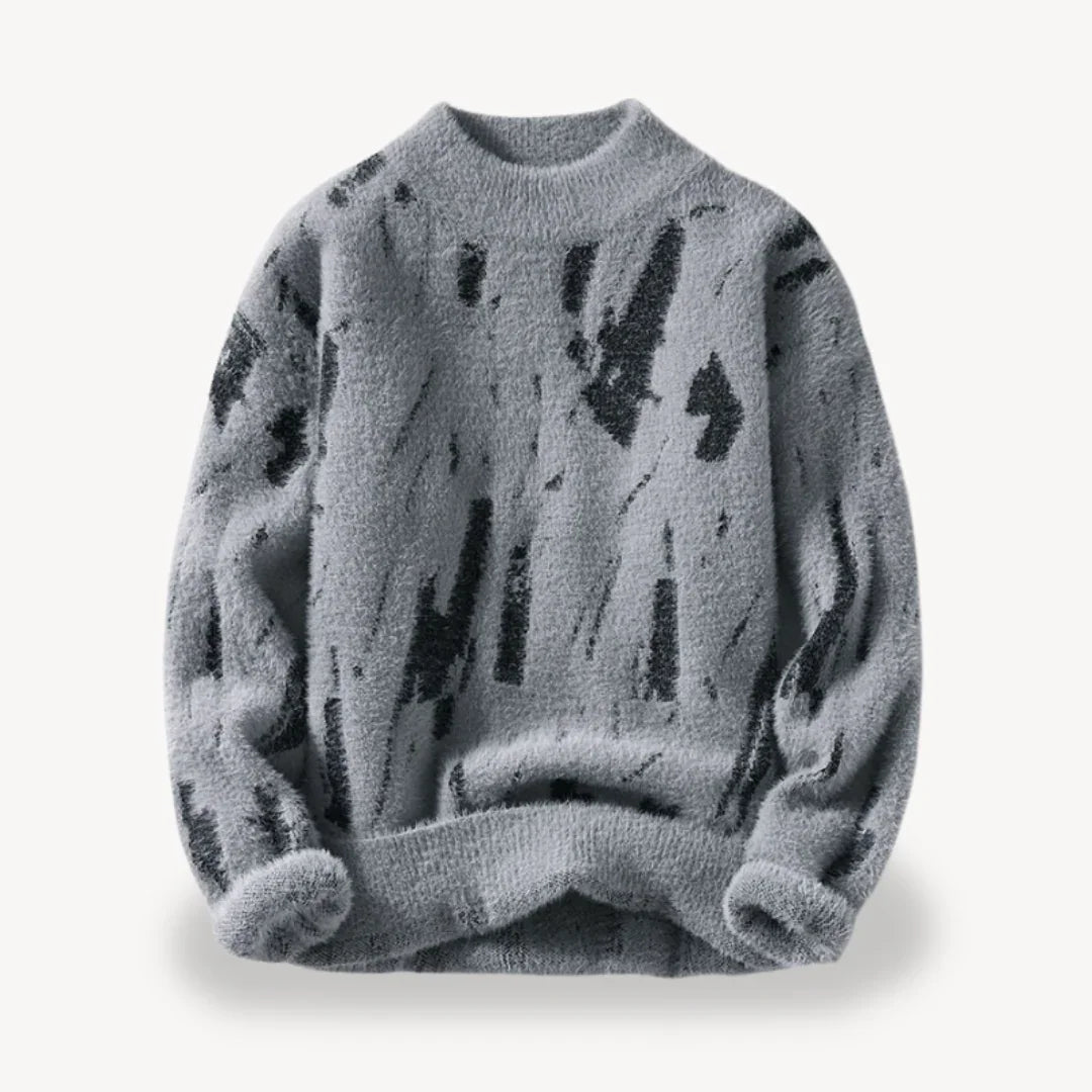 Stilig herregenser med unikt kumønster og rund hals. En trendy genser for moderne herremote og uformell stil.