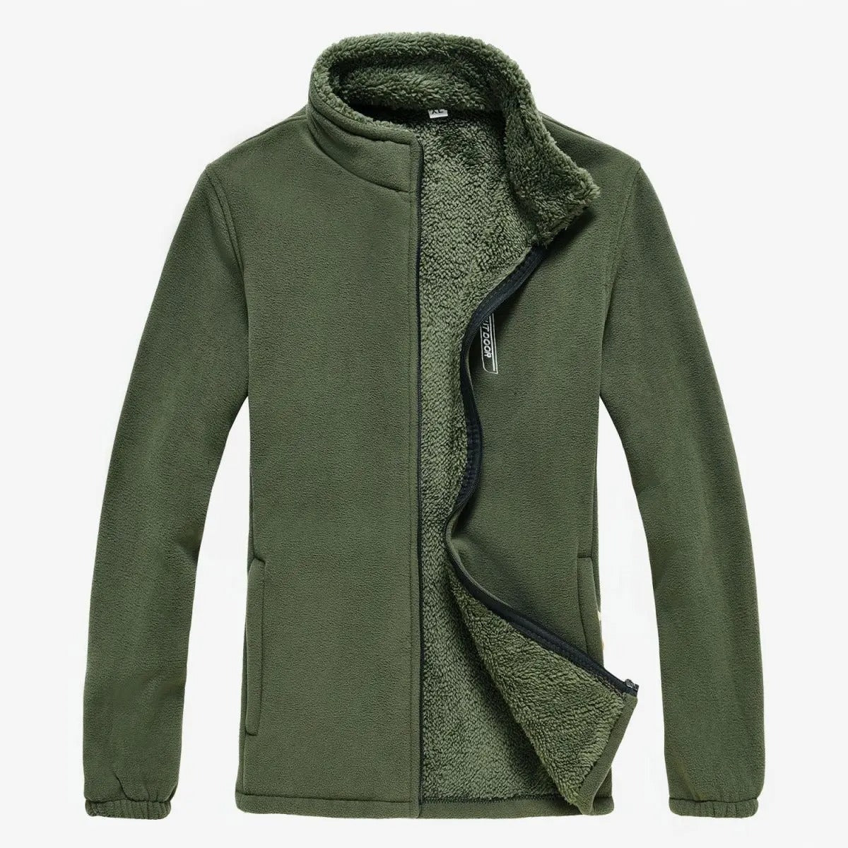 Moderne herre fleecejakke med glidelås og høy krage i marineblått, designet for varme og komfort ute.